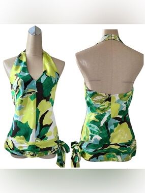 VTG Y2K Banana Republic 100% Silk Halter Top Tie Waist Band Satin Floral Small
